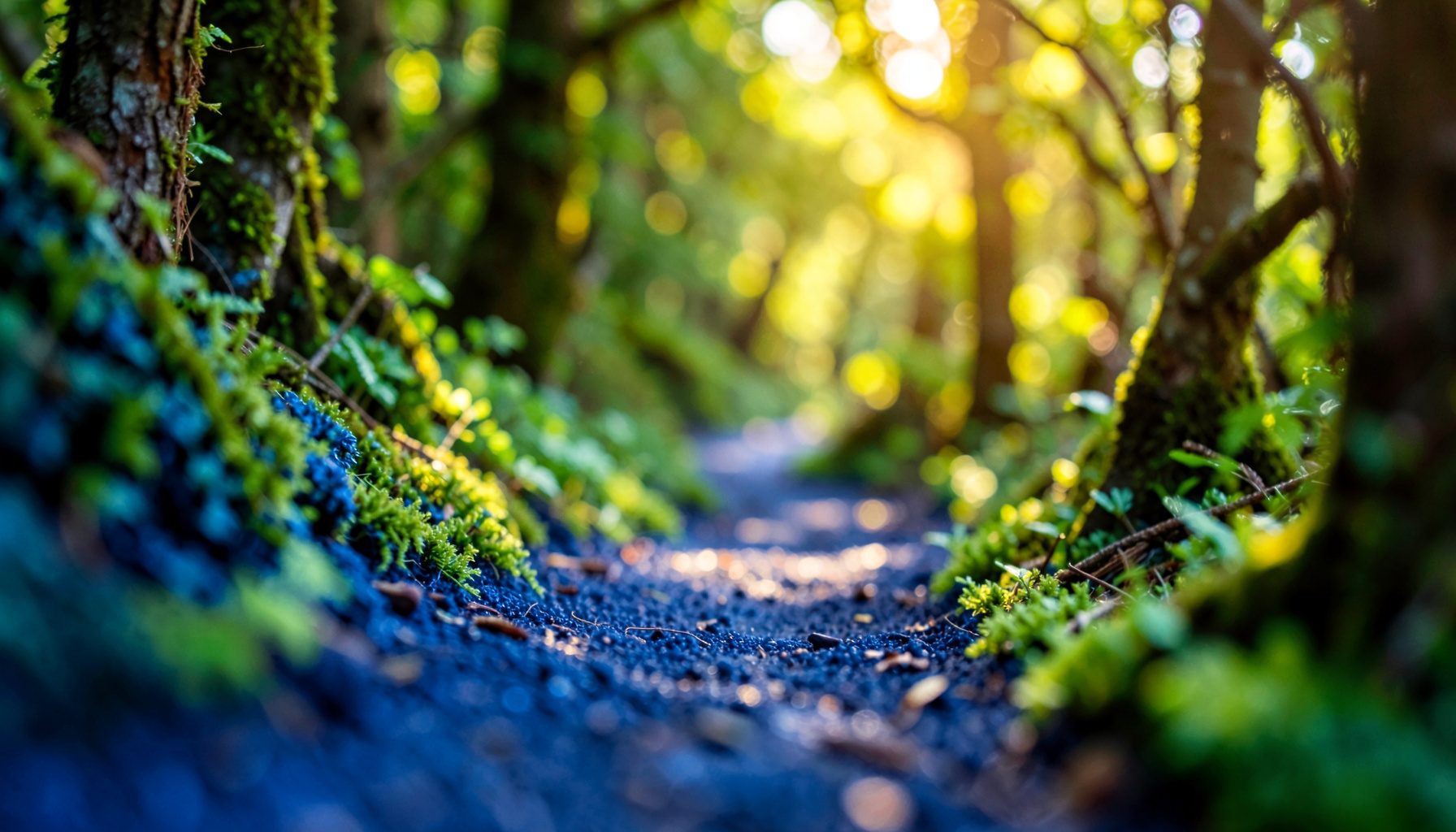 A winding path through a sunlit forest, warm greens and golden light filtering through the canopy, suggesting a journey of growth and discovery